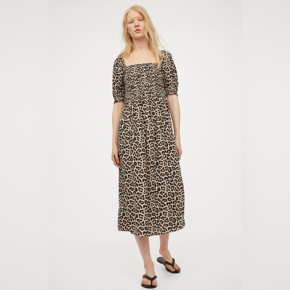 H&M Smocked Leopard Print Midi Dress